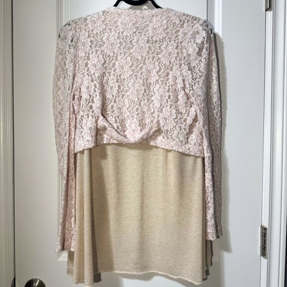 Vintage-Inspired Beige Cardigan with Pink Lace Shrug Layered Look – Size Small - Picture 6 of 8